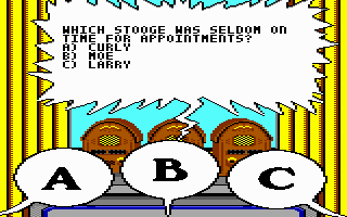 The Three Stooges (Commodore 64) screenshot: The radio quiz. Answer the questions right and get some fast bucks.