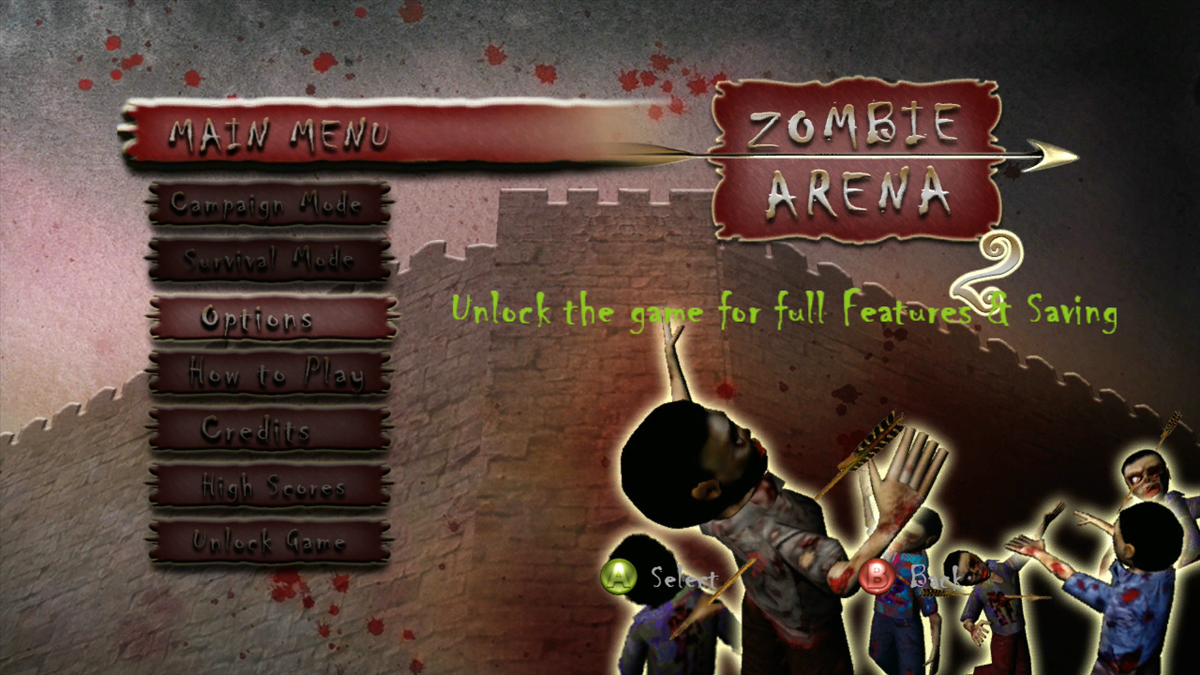 Zombie Arena 2 (Xbox 360) screenshot: Main menu (Trial version)