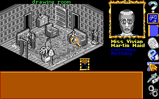 Murder! (DOS) screenshot: Using magnifying glass (mouse pointer) you select objects or people you want to interact with.