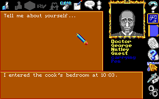 Murder! (DOS) screenshot: Note it is mentioned what each person is currently carrying, as s/he may put it down and make it a good go to check for fingerprints.