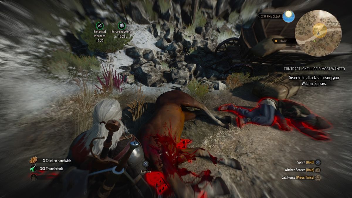 The Witcher 3: Wild Hunt - New Quest: "Contract: Skellige's Most Wanted" (PlayStation 4) screenshot: Using witcher senses to find out what really happened