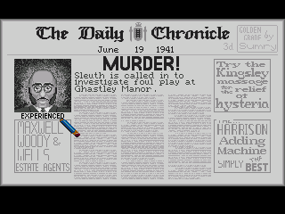 Murder! (Amiga) screenshot: Opening screen lets you customize your character, place of events, and level of expertise