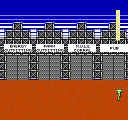 M.U.L.E. (NES) screenshot: Performing an action/outfitting at the base