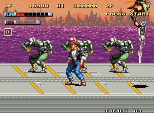 Mutation Nation (Neo Geo) screenshot: Fighting on top of a truck
