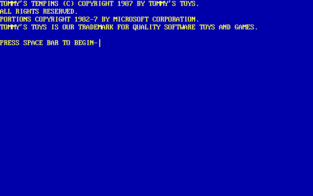 Tommy's Tenpins (DOS) screenshot: The basic licensing information screen. All Tommy's Toys start like this