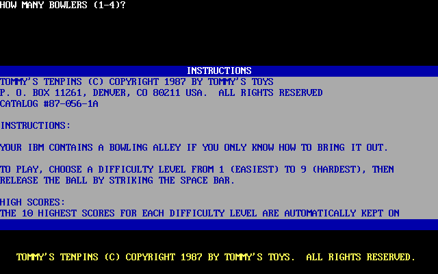 Tommy's Tenpins (DOS) screenshot: The first of several instruction screens
