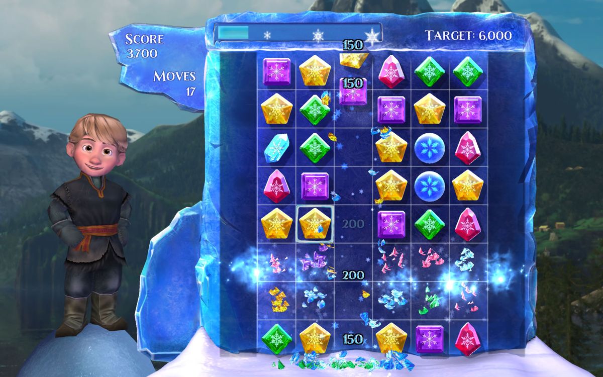 Frozen: Free Fall - Snowball Fight (Windows) screenshot: Two rows and a column are removed simultaneously.