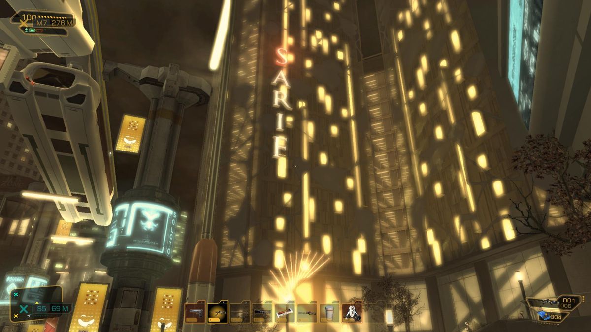 Deus Ex: Human Revolution (Windows) screenshot: Sarif Industries building and metro