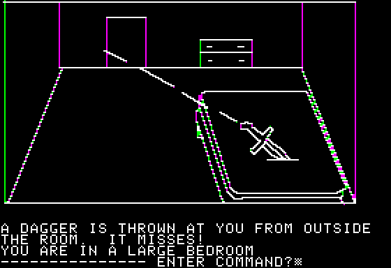 Hi-Res Adventure #1: Mystery House (Apple II) screenshot: Someone is throwing daggers at you!