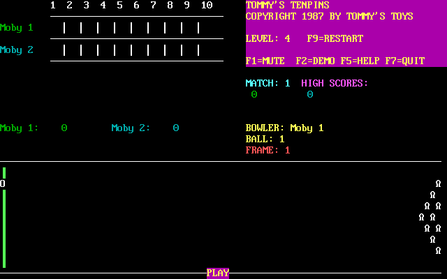 Tommy's Tenpins (DOS) screenshot: The main game screen set up for a two player match<br>The 'O' character on the lower left is the ball, it moves up and down the green bar very very quickly