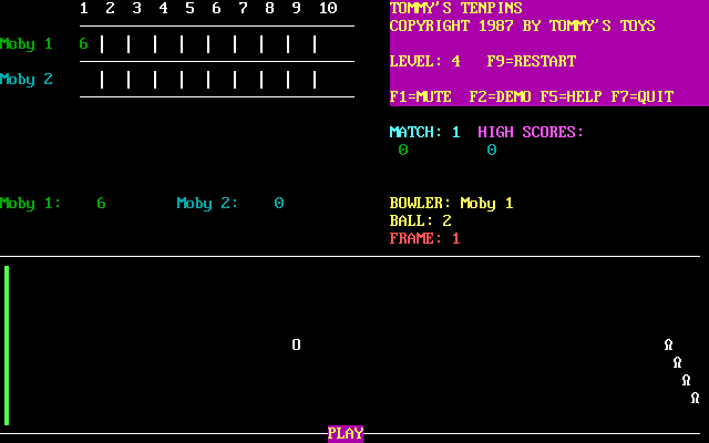 Tommy's Tenpins (DOS) screenshot: The first ball removed six pins, will this one get the remaining four?