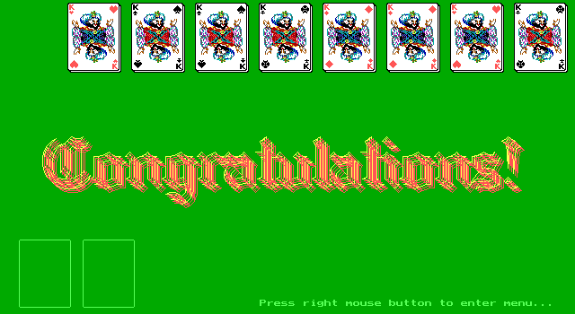 Kosynka (DOS) screenshot: Game Over.<br>The game writes the word 'Congratulations' in the same font many times in slightly different positions and colours for several seconds