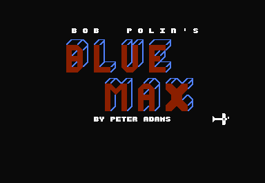 Blue Max (Commodore 64) screenshot: The credits are filled in letters that appear behind the airplane as it moves across the screen.