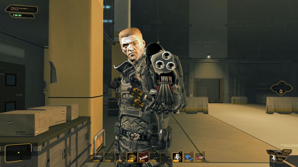 Deus Ex: Human Revolution (Windows) screenshot: First boss of the game (probably a bit too close)...