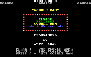 Gobble Man (DOS) screenshot: The game's title screen <br>There's no high score table as such, the game comes with a score of 6190 already recorded
