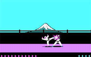 Karateka (DOS) screenshot: Direct hit (CGA)