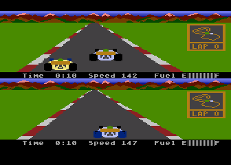 Pitstop II (Atari 8-bit) screenshot: This game has a head to head display