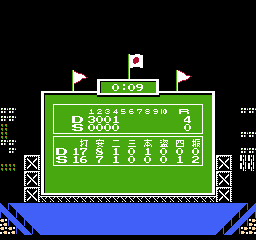 Kyūkyoku Harikiri Stadium (NES) screenshot: Standing after four innings.