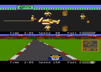Pitstop II (Atari 8-bit) screenshot: The top car pulled into the pitstop