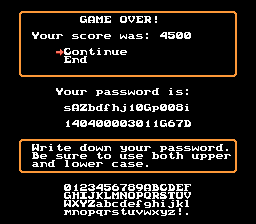 Spiritual Warfare (NES) screenshot: I died and I can continue or end. Here is my password.