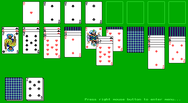 Kosynka (DOS) screenshot: Cards can be dragged and dropped individually or in groups