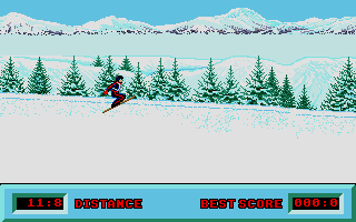 Winter Challenge: World Class Competition (Atari ST) screenshot: In flight on the ski jump