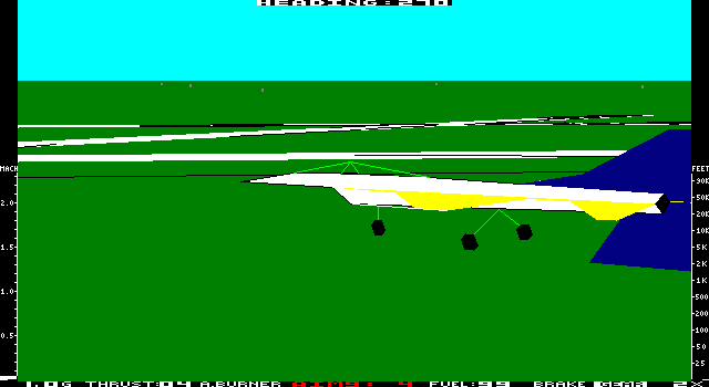 Jet: Version 2.0 (DOS) screenshot: Leaving the hanger F16 (EGA)