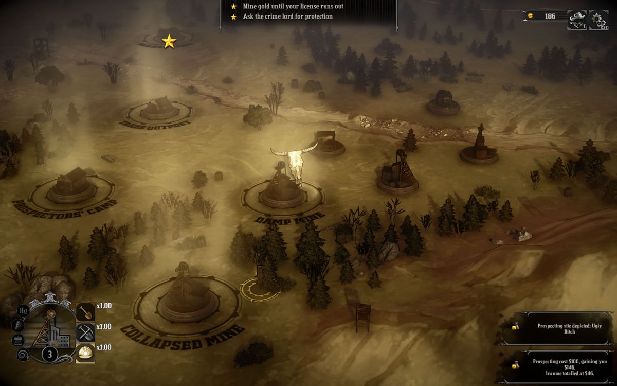 Hard West (Windows) screenshot: The scenario map where you can visit different locations.
