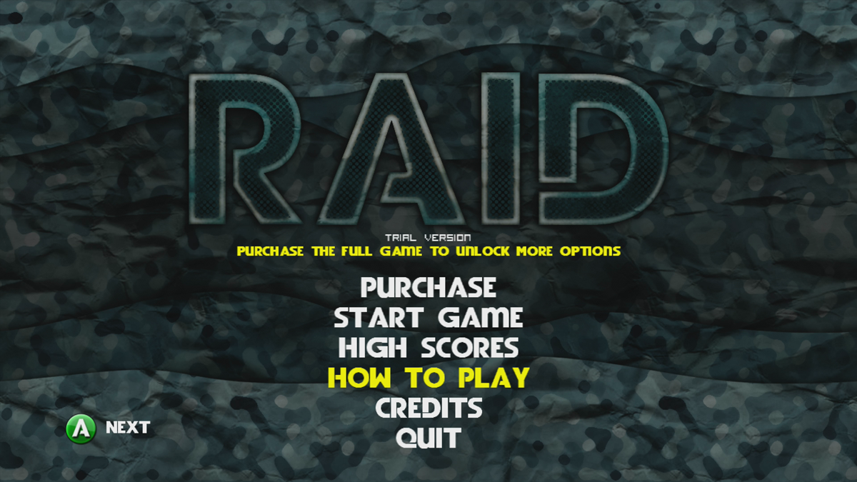 RAID (Xbox 360) screenshot: Main menu (Trial version)