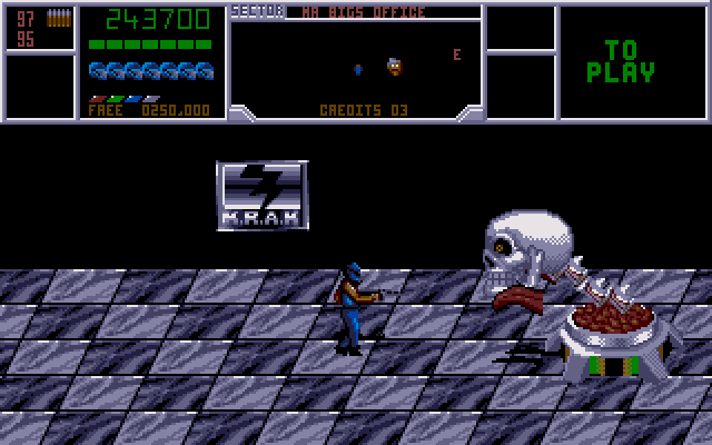 NARC (Amiga) screenshot: Mr. Big has transformed himself into a skull