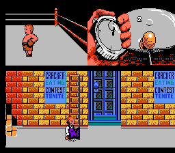 The Three Stooges (NES) screenshot: Curly is in the ring with the champ while Larry needs to run an obstacle course.