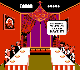 The Three Stooges (NES) screenshot: Inside is either throwing pies...