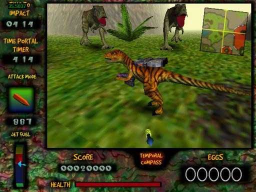 Nanosaur Extreme (Windows) screenshot: Nanosaur avoiding danger on grasslands