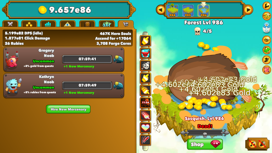 Clicker Heroes (Browser) screenshot: The November 2015 update introduces mercenaries who can be hired and sent out on quests.