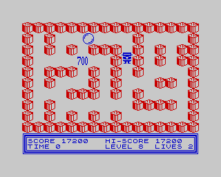 Bubble Trouble (ZX Spectrum) screenshot: Level 8 - All objects collected. The third pair of points of the succession (700p).