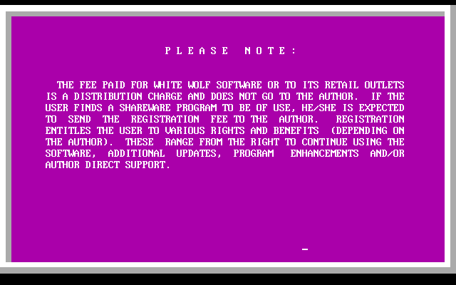 White Wolf Software: Series XIII (DOS) screenshot: The Important Information accessed from the main menu basically says 'Remember to register and pay the developers'
