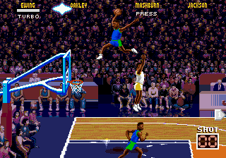 NBA Jam Tournament Edition (Genesis) screenshot: The law of gravity doesn't seem to work in this game :)