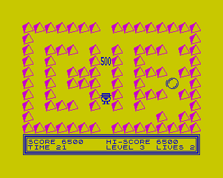 Bubble Trouble (ZX Spectrum) screenshot: Level 3 - All objects collected. The second pair of points of the succession (500p).