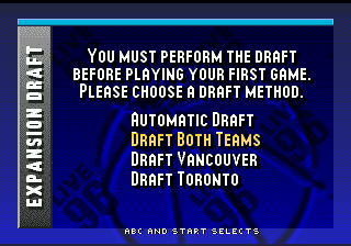NBA Live 96 (Genesis) screenshot: Draft. There are two new teams - Raptors and Grizzleys.