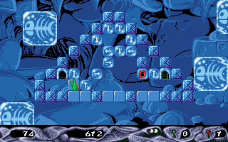 Stone Age (Amiga) screenshot: Level 8 - first red key is collected