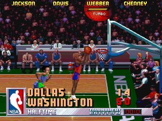 NBA Jam Tournament Edition (DOS) screenshot: Webber grabs a rebound