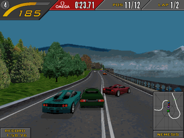 Need for Speed II (Windows) screenshot: Trying to squeeze past two McLaren F1 cars.