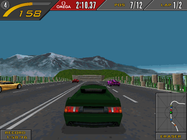 Need for Speed II (Windows) screenshot: Driving in close-up back view.