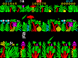 Sabre Wulf (ZX Spectrum) screenshot: This is a little stegosaurus I think, and some syringes (weapons).
