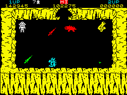 Sabre Wulf (ZX Spectrum) screenshot: Monkeys, giant parrots, the usual stegosaurus. Family reunited.