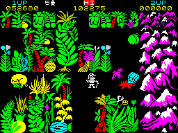 Sabre Wulf (ZX Spectrum) screenshot: A sweet warthog is peacefully sleeping like a baby while Sabreman is in a sword-play with a bat.