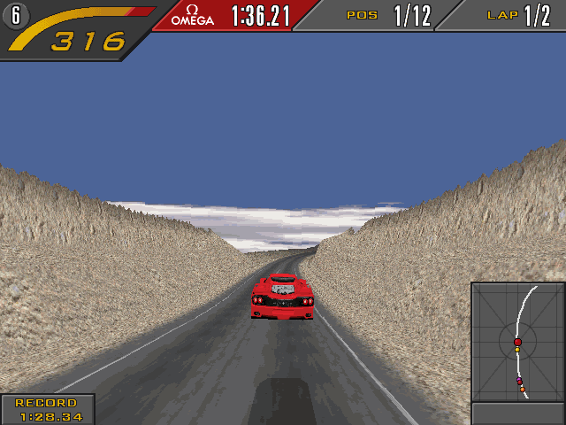 Need for Speed II (Windows) screenshot: Too much of a speed often results with flying.