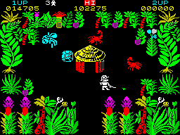Sabre Wulf (ZX Spectrum) screenshot: A hut: a native generator. Not many much more things to say... If I recall correctly, <i>The Phantom</i> had his honeymoon here...