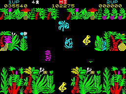 Sabre Wulf (ZX Spectrum) screenshot: Sabreman was intoxicated by the hallucinative effects of the Magenta orchid's perfume. Beware of the infamous fire, triggered when staying at the same place for too long.