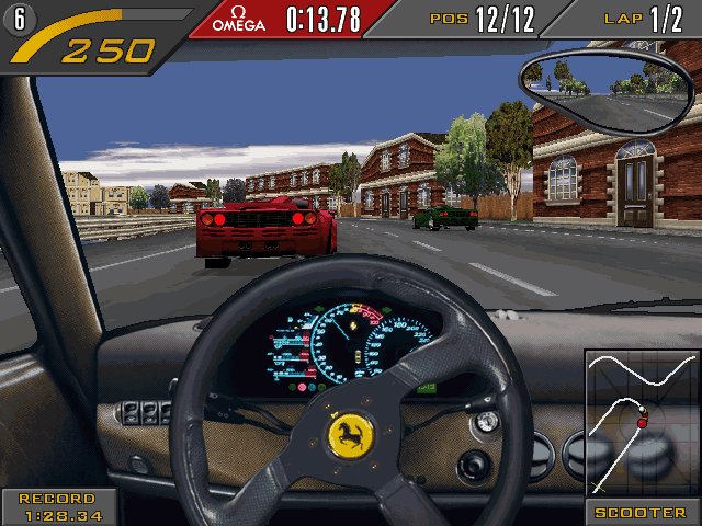 Need for Speed II (Windows) screenshot: Ferrari F50 from the inside (has a particularly different mirror).
